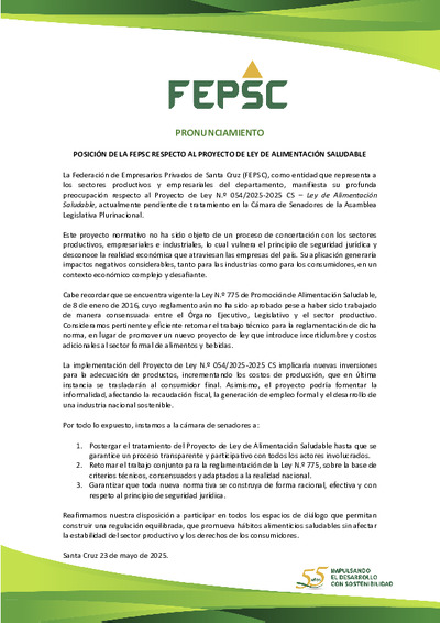 POSICIÓN DE LA FEPSC RESPECTO AL PROYECTO DE LEY DE ALIMENTACIÓN SALUDABLE