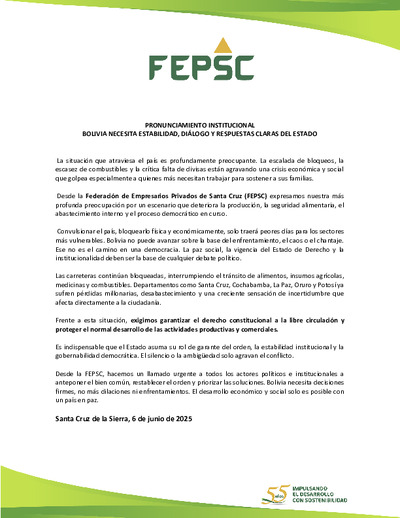 PRONUNCIAMIENTO INSTITUCIONAL BOLIVIA NECESITA ESTABILIDAD, DIÁLOGO Y RESPUESTAS CLARAS DEL ESTADO